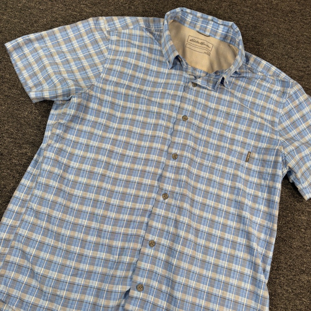 Eddie Bauer Button Down Shirt Mens L Blue Plaid Short Sleeve Hiking Outdoor
